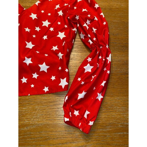Red & White Star Pattern Long Sleeve Crop Top With Tie Back - Picture 3 of 5